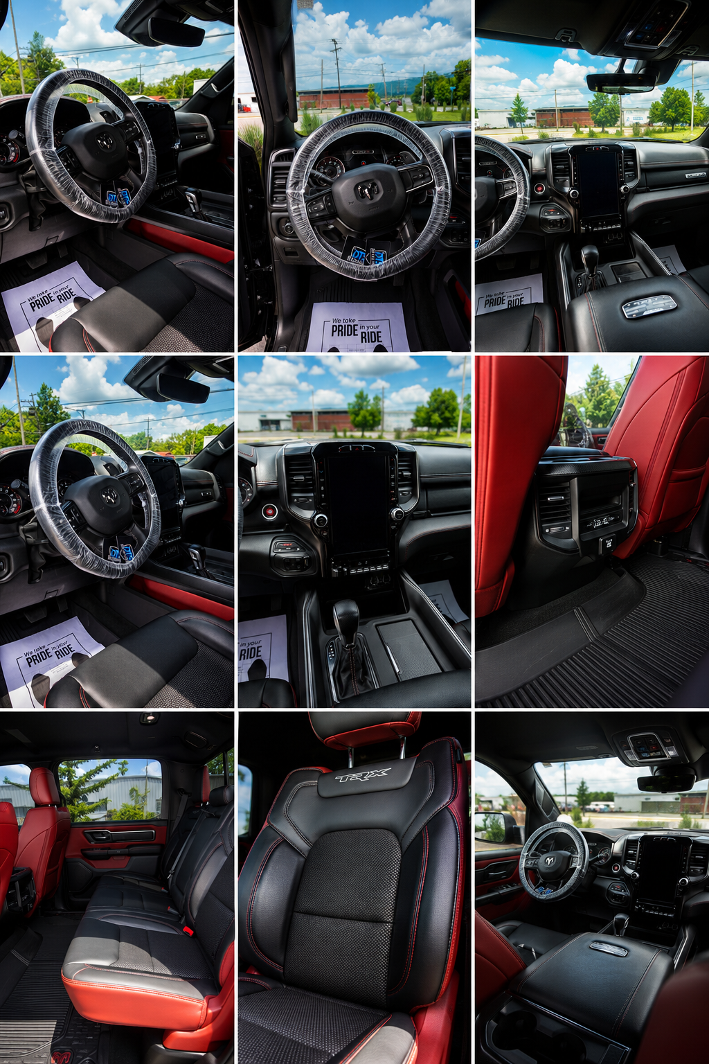 Ram TRX interior detail collage — steering wheel, dash, red leather seats, and center console freshly cleaned and conditioned